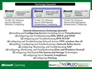 Network Infrastructure Technology Specialist
  Installing and Configuring Servers (including Server Virtualization)
        Configuring and Troubleshooting DNS, DHCP, and WINS
              Configuring and Troubleshooting IPV6 TCP/IP
 Configuring and Troubleshooting Network Access (VPN, wireless, 802.1X)
  Installing, Configuring and Troubleshooting a Network Policy Server
           Configuring, Monitoring, and Troubleshooting NAP
Configuring, Monitoring, and Troubleshooting IPsec and Windows Firewall
     Configuring Distributed File System and Storage Technologies
                Configuring Server Security Compliance
                          Configuring Printing
 