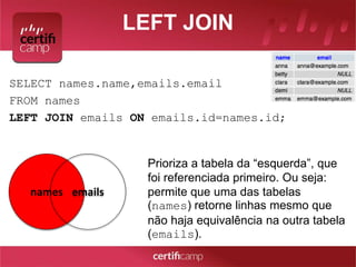 LEFT JOIN 
SELECT names.name,emails.email 
FROM names 
LEFT JOIN emails ON emails.id=names.id; 
names emails 
Prioriza a tabela da “esquerda”, que 
foi referenciada primeiro. Ou seja: 
permite que uma das tabelas 
(names) retorne linhas mesmo que 
não haja equivalência na outra tabela 
(emails). 
 