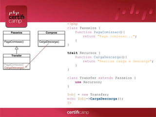 <?php 
class Passeios { 
function PagaComissao(){ 
return "Paga comissao..."; 
} 
} 
trait Recursos { 
function CargaDescarga(){ 
return "Realiza carga e descarga"; 
} 
} 
class Transfer extends Passeios { 
use Recursos; 
} 
$obj = new Transfer; 
echo $obj->CargaDescarga(); 
?> 
 