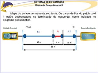 SISTEMAS DE INFORMAÇÃO
Redes de Computadores II
Mapa do enlace permanente sob teste. Os pares de fios do patch cord
1 estão destrançados na terminação da esquerda, como indicado no
diagrama esquemático.
 