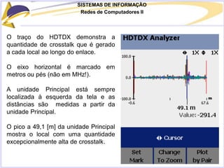SISTEMAS DE INFORMAÇÃO
Redes de Computadores II
O traço do HDTDX demonstra a
quantidade de crosstalk que é gerado
a cada local ao longo do enlace.
O eixo horizontal é marcado em
metros ou pés (não em MHz!).
A unidade Principal está sempre
localizada à esquerda da tela e as
distâncias são medidas a partir da
unidade Principal.
O pico a 49,1 [m] da unidade Principal
mostra o local com uma quantidade
excepcionalmente alta de crosstalk.
 