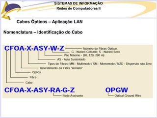 SISTEMAS DE INFORMAÇÃO
Redes de Computadores II
Cabos Ópticos – Aplicação LAN
Nomenclatura – Identificação do Cabo
 