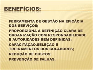    FERRAMENTA DE GESTÃO NA EFICÁCIA
    DOS SERVIÇOS;
   PROPORCIONA A DEFINIÇÃO CLARA DE
    ORGANIZAÇÃO COM RESPONSABILIDADE
    E AUTORIDADES BEM DEFINIDAS;
   CAPACITAÇÃO,SELEÇÃO E
    TREINAMENTOS DOS COLABORES;
   REDUÇÃO DE CUSTOS;
   PREVENÇÃO DE FALHAS.
 