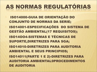    ISO14000-GUIA DE ORIENTAÇÃO DO
    CONJUNTO DE NORMAS DA SERIE;
   ISO14001-ESPECIFICAÇÕES DO SISTEMA DE
    GESTÃO AMBIENTAL(17 REQUISITOS);
   ISO14OO4-SISTEMAS E TÉCNICAS DE
    SUPORTE,DIRETRIZES PARA SGA;
   ISO14010-DIRETRIZES PARA AUDITORIA
    AMBIENTAL E SEUS PRINCIPIOS;
   ISO14011(PARTE 1 E 2)-DIRETRIZES PARA
    AUDITORIA AMBIENTAL9PROCEDIMENTOS
    DE AUDITORIA
 