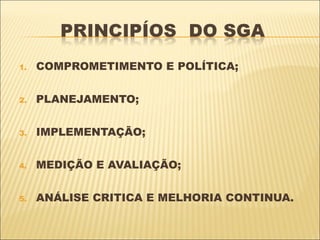 1.   COMPROMETIMENTO E POLÍTICA;


2.   PLANEJAMENTO;


3.   IMPLEMENTAÇÃO;


4.   MEDIÇÃO E AVALIAÇÃO;


5.   ANÁLISE CRITICA E MELHORIA CONTINUA.
 