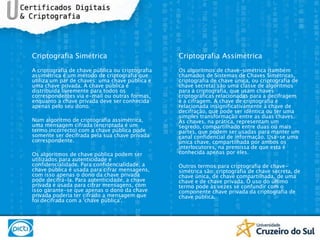 Criptografia SimétricaA criptografia de chave pública ou criptografia assimétrica é um método de criptografia que utiliza um par de chaves: uma chave pública e uma chave privada. A chave pública é distribuída livremente para todos os correspondentes via e-mail ou outras formas, enquanto a chave privada deve ser conhecida apenas pelo seu dono.Num algoritmo de criptografia assimétrica, uma mensagem cifrada (encriptada é um termo incorrecto) com a chave pública pode somente ser decifrada pela sua chave privada correspondente.Os algoritmos de chave pública podem ser utilizados para autenticidade e confidencialidade. Para confidencialidade, a chave pública é usada para cifrar mensagens, com isso apenas o dono da chave privada pode decifrá-la. Para autenticidade, a chave privada é usada para cifrar mensagens, com isso garante-se que apenas o dono da chave privada poderia ter cifrado a mensagem que foi decifrada com a 'chave pública'.Criptografia AssimétricaOs algoritmos de chave-simétrica (também chamados de Sistemas de Chaves Simétricas, criptografia de chave única, ou criptografia de chave secreta) são uma classe de algoritmos para a criptografia, que usam chaves criptográficas relacionadas para a decifragem e a cifragem. A chave de criptografia é relacionada insignificativamente à chave de decifração, que pode ser idêntica ou ter uma simples transformação entre as duas chaves. As chaves, na prática, representam um segredo, compartilhado entre duas ou mais partes, que podem ser usadas para manter um canal confidencial de informação. Usa-se uma única chave, compartilhada por ambos os interlocutores, na premissa de que esta é conhecida apenas por eles.Outros termos para criptografia de chave-simétrica são: criptografia de chave secreta, de chave única, de chave compartilhada, de uma chave e de chave privada. O uso do último termo pode às vezes se confundir com o componente chave privada da criptografia de chave pública.