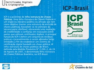 ICP-BrasilICP é o acrônimo de Infra-estrutura de Chaves Públicas. Uma Infra-Estrutura de Chaves Públicas é um órgão ou iniciativa pública ou privada que tem como objetivo manter uma estrutura de emissão de chaves públicas, baseando-se no princípio da terceira parte confiável, oferecendo uma mediação de credibilidade e confiança em transações entre partes que utilizam certificados digitais. A principal função do ICP é definir um conjunto de técnicas, práticas e procedimentos a serem adotados pelas entidades a fim de estabelecer um sistema de certificação digital baseado em chave pública. A infra-estrutura de chaves públicas do Brasil, definida pela Medida Provisória Nº 2.200-2, de 24 de Agosto de 2001, é denominada Infra-Estrutura de Chaves Públicas Brasileira, ou ICP-Brasil.