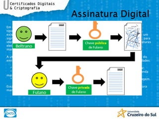 Assinatura DigitalEm criptografia, a assinatura digital é um método de autenticação de informação digital tipicamente tratada como análoga à assinatura física em papel. Embora existam analogias, existem diferenças importantes. O termo assinatura eletrônica, por vezes confundido, tem um significado diferente: refere-se a qualquer mecanismo, não necessariamente criptográfico, para identificar o remetente de uma mensagem electrônica. A legislação pode validar tais assinaturas eletrônicas como endereços Telex e cabo, bem como a transmissão por fax de assinaturas manuscritas em papel.A utilização da assinatura digital providencia a prova inegável de que uma mensagem veio do emissor. Para verificar este requisito, uma assinatura digital deve ter as seguintes propriedades:    * autenticidade - o receptor deve poder confirmar que a assinatura foi feita pelo emissor;    * integridade - qualquer alteração da mensagem faz com que a assinatura não corresponda mais ao documento;    * não repúdio ou irretratabilidade - o emissor não pode negar a autenticidade da mensagem.Essas características fazem a assinatura digital ser fundamentalmente diferente da assinatura manuscrita.