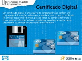 Certificado DigitalUm certificado digital é um arquivo de computador que contém um conjunto de informações referentes a entidade para o qual o certificado foi emitido (seja uma empresa, pessoa física ou computador) mais a chave pública referente a chave privada que acredita-se ser de posse unicamente da entidade especificada no certificado.