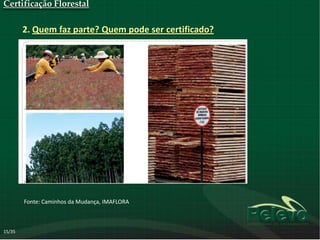 Certificação Florestal

        2. Quem faz parte? Quem pode ser certificado?

             Cadeia de custódia




        Fonte: Caminhos da Mudança, IMAFLORA



15/35
 