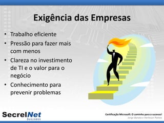 Exigência das Empresas
• Trabalho eficiente
• Pressão para fazer mais
  com menos
• Clareza no investimento
  de TI e o valor para o
  negócio
• Conhecimento para
  prevenir problemas


                            Certificação Microsoft: O caminho para o sucesso!
                                               Jorge Barata e Herleson Pontes
 