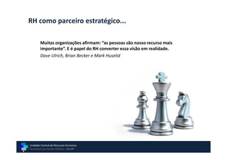 RH como parceiro estratégico...

        Muitas organizações afirmam: “as pessoas são nosso recurso mais
        importante”. E é papel do RH converter essa visão em realidade.
        Dave Ulrich, Brian Becker e Mark Huselid




Unidade Central de Recursos Humanos
Secretaria de Gestão Pública - GovSP
 