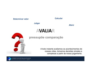 Determinar valor                                              Calcular

                                       Julgar
                                                                                Aferir


                                         AVALIAR
                                pressupõe comparação


                                                A todo instante avaliamos os acontecimentos de
                                                     nossas vidas, tomamos decisões simples e
                                                        complexas a partir de nosso julgamento.

Unidade Central de Recursos Humanos
Secretaria de Gestão Pública - GovSP
 