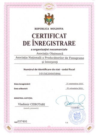 Certificat de inregistrare ANPFI