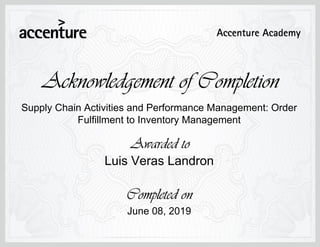 Supply Chain Activities and Performance Management: Order
Fulfillment to Inventory Management
June 08, 2019
Luis Veras Landron
 