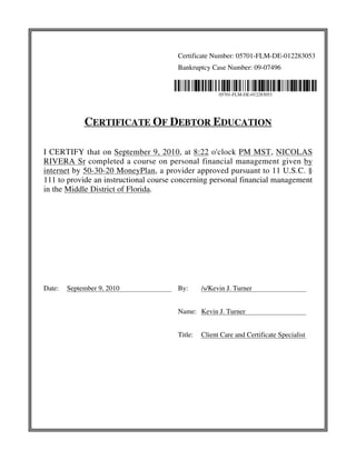 Certificate Number: 05701-FLM-DE-012283053
Bankruptcy Case Number: 09-07496
05701-FLM-DE-012283053
CERTIFICATE OF DEBTOR EDUCATION
I CERTIFY that on September 9, 2010, at 8:22 o'clock PM MST, NICOLAS
RIVERA Sr completed a course on personal financial management given by
internet by 50-30-20 MoneyPlan, a provider approved pursuant to 11 U.S.C. §
111 to provide an instructional course concerning personal financial management
in the Middle District of Florida.
Date: September 9, 2010 By: /s/Kevin J. Turner
Name: Kevin J. Turner
Title: Client Care and Certificate Specialist
 