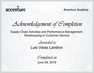 Supply Chain Activities and Performance Management:
Warehousing to Customer Service
June 09, 2019
Luis Veras Landron
 