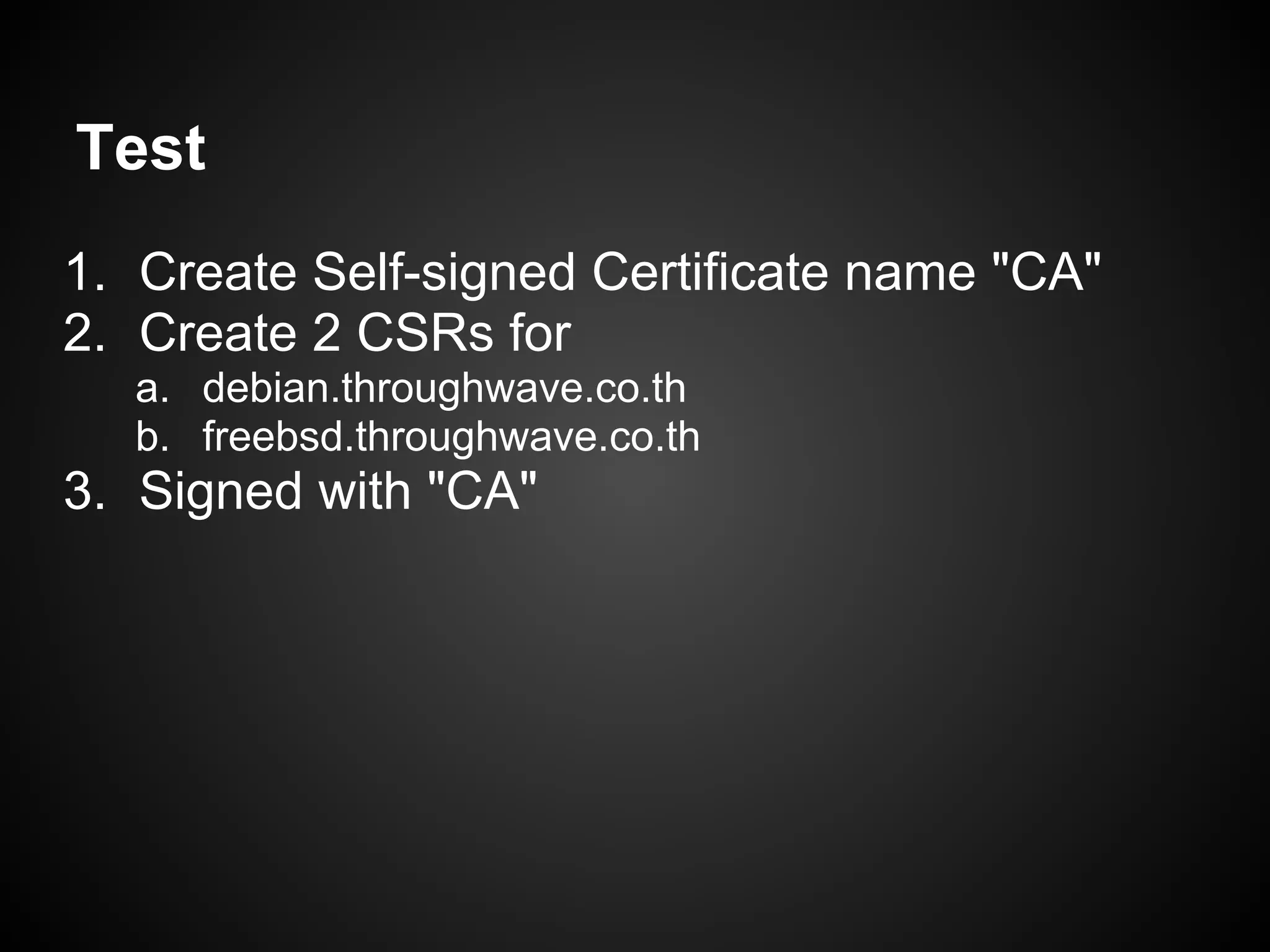 Test
1. Create Self-signed Certificate name "CA"
2. Create 2 CSRs for
  a. debian.throughwave.co.th
  b. freebsd.throughwave.co.th
3. Signed with "CA"
 