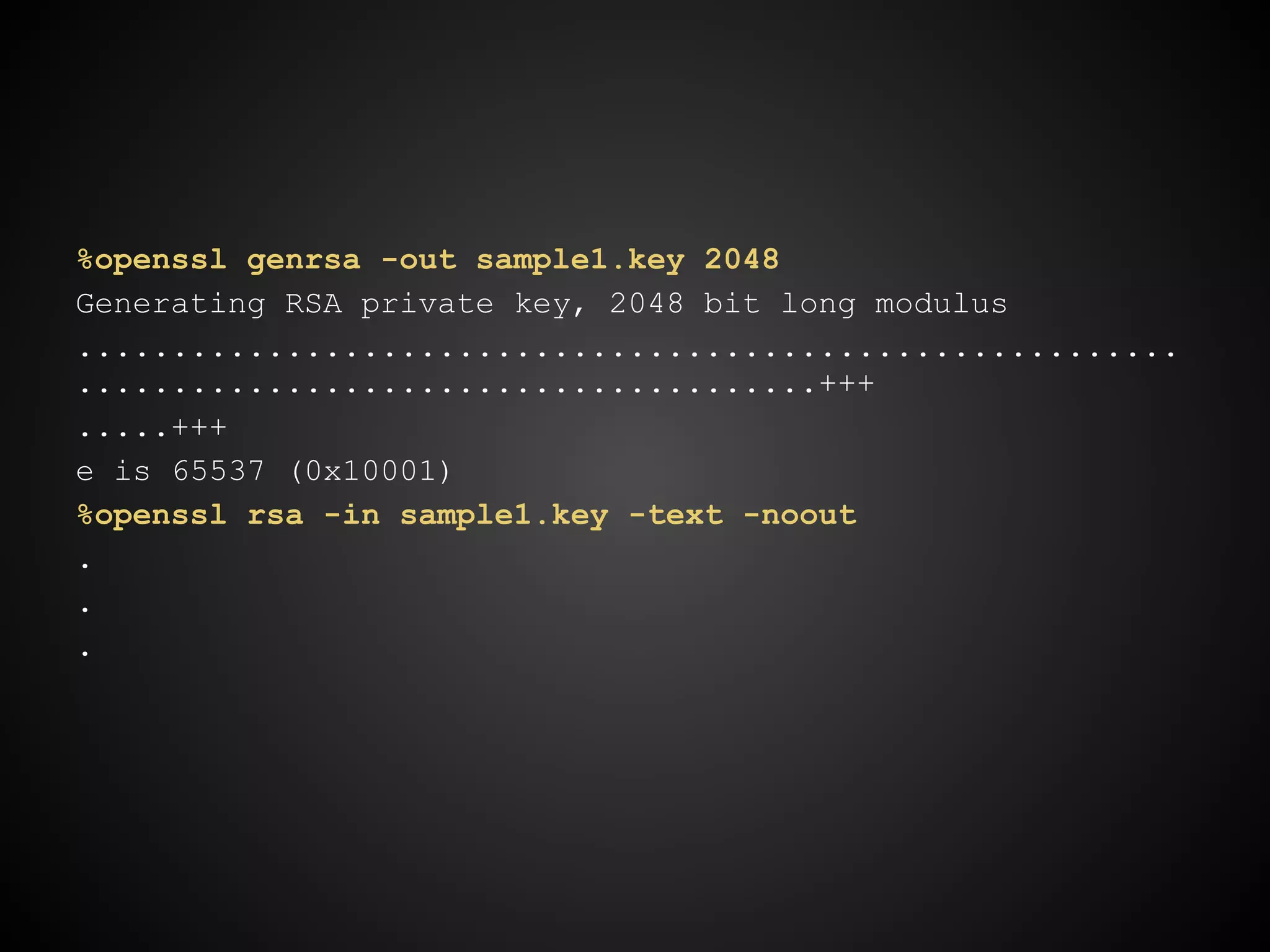 %openssl genrsa -out sample1.key 2048
Generating RSA private key, 2048 bit long modulus
..........................................................
.......................................+++
.....+++
e is 65537 (0x10001)
%openssl rsa -in sample1.key -text -noout
.
.
.
 