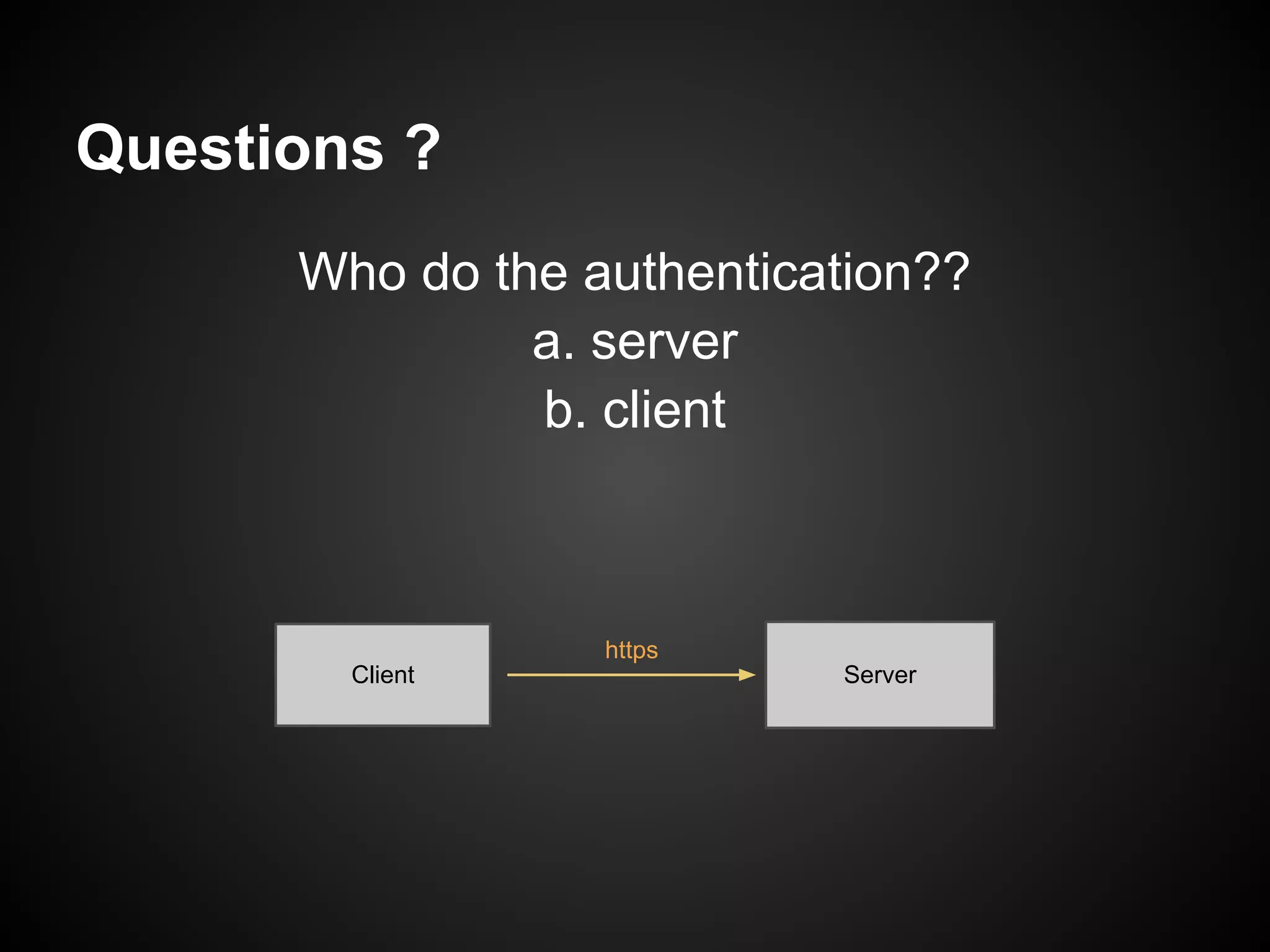 Questions ?
      Who do the authentication??
               a. server
               b. client



                  https
        Client             Server
 