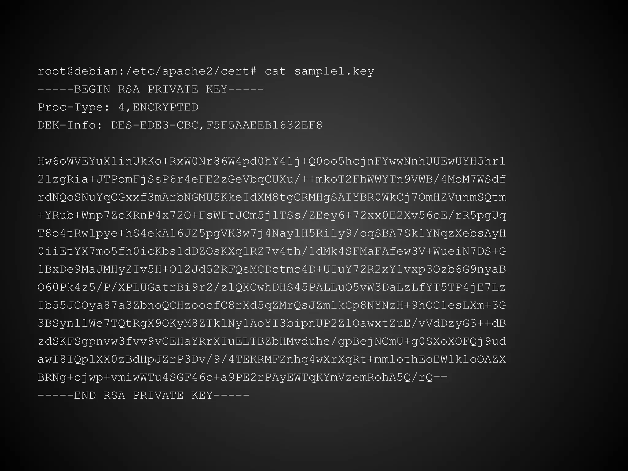 root@debian:/etc/apache2/cert# cat sample1.key
-----BEGIN RSA PRIVATE KEY-----
Proc-Type: 4,ENCRYPTED
DEK-Info: DES-EDE3-CBC,F5F5AAEEB1632EF8

Hw6oWVEYuX1inUkKo+RxW0Nr86W4pd0hY41j+Q0oo5hcjnFYwwNnhUUEwUYH5hrl
2lzgRia+JTPomFjSsP6r4eFE2zGeVbqCUXu/++mkoT2FhWWYTn9VWB/4MoM7WSdf
rdNQoSNuYqCGxxf3mArbNGMU5KkeIdXM8tgCRMHgSAIYBR0WkCj7OmHZVunmSQtm
+YRub+Wnp7ZcKRnP4x72O+FsWFtJCm5j1TSs/ZEey6+72xx0E2Xv56cE/rR5pgUq
T8o4tRwlpye+hS4ekA16JZ5pgVK3w7j4NaylH5Rily9/oqSBA7Sk1YNqzXebsAyH
0iiEtYX7mo5fh0icKbs1dDZOsKXqlRZ7v4th/1dMk4SFMaFAfew3V+WueiN7DS+G
1BxDe9MaJMHyZIv5H+O12Jd52RFQsMCDctmc4D+UIuY72R2xY1vxp3Ozb6G9nyaB
O60Pk4z5/P/XPLUGatrBi9r2/zlQXCwhDHS45PALLuO5vW3DaLzLfYT5TP4jE7Lz
Ib55JCOya87a3ZbnoQCHzoocfC8rXd5qZMrQsJZmlkCp8NYNzH+9hOC1esLXm+3G
3BSyn1lWe7TQtRgX9OKyM8ZTklNy1AoYI3bipnUP2Z1OawxtZuE/vVdDzyG3++dB
zdSKFSgpnvw3fvv9vCEHaYRrXIuELTBZbHMvduhe/gpBejNCmU+g0SXoXOFQj9ud
awI8IQplXX0zBdHpJZrP3Dv/9/4TEKRMFZnhq4wXrXqRt+mmlothEoEW1kloOAZX
BRNg+ojwp+vmiwWTu4SGF46c+a9PE2rPAyEWTqKYmVzemRohA5Q/rQ==
-----END RSA PRIVATE KEY-----
 