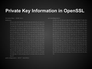 Private Key Information in OpenSSL
Private-Key: (2048 bit)                               privateExponent:
modulus:                                                    10:92:14:c6:2b:e2:d8:63:4d:b2:aa:f6:77:d0:55:
      00:e1:d3:09:39:0c:59:df:6d:d3:48:45:e7:20:c7:         25:fc:2b:ad:93:cc:fb:17:4d:1a:c5:0b:13:30:d2:
      ff:0f:07:61:ab:8b:3c:41:2c:3f:5a:06:97:ba:5d:         d3:4b:2a:98:08:10:a8:f6:a7:32:64:4a:ab:d8:9b:
      7a:9a:60:74:01:a1:d0:40:44:ff:ca:19:b7:13:d1:         48:08:50:b4:b9:d1:dd:73:c3:c8:e0:76:e9:f9:62:
      52:2c:60:12:94:a7:ee:13:24:f4:e8:89:8b:55:e1:         16:81:f0:d4:9d:6e:f3:b2:84:8b:45:6c:2e:8e:d6:
      a9:02:b7:68:50:65:8b:e7:97:3f:d0:d5:54:b1:88:         0a:c6:73:09:ec:20:06:2b:87:c1:54:a0:ce:27:be:
      e5:33:ed:c8:c3:6d:d1:62:15:ed:a0:84:fc:0c:97:         c1:2d:00:9e:13:d8:c5:49:69:c6:d3:9b:50:e1:04:
      a8:51:f7:78:bc:e5:b1:ce:9b:ec:a2:c1:5a:0b:32:         de:34:02:65:33:a5:44:a7:ee:9a:41:4f:23:99:82:
      66:0f:7c:03:42:2b:e3:b2:21:48:e2:fb:a7:e4:c7:         2d:04:8a:79:a0:58:fe:d7:71:37:62:6c:17:ad:36:
      66:9b:e7:e9:54:d8:44:85:8a:52:5c:90:c3:c0:cd:         1f:43:de:1b:43:b4:19:d5:d8:1b:ed:a9:58:2b:e0:
      e9:07:57:cf:71:ea:2f:87:79:8f:87:cd:e7:46:9c:         1f:e1:31:be:77:be:50:a4:50:fd:9f:dc:2a:4b:ee:
      34:54:79:32:cc:a6:7f:54:15:48:54:22:2f:25:9e:         53:6a:53:2d:29:56:a7:5d:5b:9c:06:8e:bf:83:89:
      ad:42:55:a1:80:03:c1:f5:55:43:e1:89:e5:ba:7e:         16:25:58:ed:06:28:44:c0:a7:b0:3f:ee:6b:e8:e8:
      20:2c:c4:36:c3:7d:7c:ec:b2:78:da:28:ef:e9:a1:         f5:09:ee:73:4d:ce:26:2a:03:31:14:f9:c5:07:79:
      73:15:82:09:6e:8f:75:ef:05:a2:21:53:2a:3b:4a:         dc:4b:c5:92:06:7c:03:df:fd:be:55:f8:45:e3:70:
      98:31:b0:7e:bb:d3:94:a5:24:0c:3b:1a:2a:bb:1c:         c0:d6:1d:8b:08:14:da:25:31:d8:3e:e4:de:76:c0:
      35:6a:37:84:90:61:e8:ed:31:cd:b6:6d:a7:1d:d6:         2b:67:0f:c9:4a:fc:d3:ae:7c:1f:8c:56:c4:54:2b:
      54:db:bb:37:84:e6:ba:36:e7:c3:bc:fb:12:2a:93:         79
      8a:47
publicExponent: 65537 (0x10001)
 