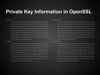 Private Key Information in OpenSSL
prime1:                                               exponent1:
      00:fd:ac:7e:0a:dd:50:83:09:d5:3c:b3:f9:47:3d:         70:b7:f1:f5:df:eb:83:9e:9d:ea:f0:49:c7:17:18:
      8b:27:cd:7e:9b:bf:20:93:27:b1:c3:f7:ee:86:a0:         bb:61:fb:6d:37:5b:41:28:35:3c:4f:f1:e4:4e:7d:
      96:8b:e9:09:a4:71:20:7d:eb:41:63:65:6b:f9:56:         36:c4:21:2d:b9:ba:e7:58:de:e0:4c:d3:d2:a2:22:
      0c:a9:3b:61:97:88:3c:21:b9:f8:76:ef:9b:91:7b:         d4:1b:f7:bc:7e:a3:c1:94:c2:4c:0f:22:40:5d:cd:
      30:8a:ed:09:e8:e4:f1:74:76:28:a4:c8:50:17:82:         ef:1d:6e:f6:d6:ac:57:c4:9d:40:c3:65:9b:5c:d6:
      c3:76:08:07:10:d4:2b:f1:c0:85:2e:8f:3a:8a:44:         7f:9f:07:8c:b9:ca:a1:0c:9b:e1:59:71:78:b8:dc:
      2d:64:59:33:da:46:fa:51:da:54:a9:6e:9a:6f:45:         b6:a7:50:7c:20:67:e0:71:34:87:69:07:24:84:a1:
      f7:a0:9b:7c:a0:ad:c8:02:25:12:ef:a8:7f:a5:3f:         88:f3:2e:48:b3:8f:99:2c:62:22:ad:eb:b2:40:e7:
      79:00:c8:0e:95:4e:bf:11:93                            02:aa:e2:98:03:ba:b1:13
prime2:                                               exponent2:
      00:e3:e5:2a:8b:a2:87:5d:20:cd:ee:9d:b1:0f:99:         00:cb:68:5d:2c:1a:da:15:3e:55:70:58:61:94:59:
      84:af:b6:2b:74:50:a4:04:a0:cf:a6:a3:3d:1e:be:         e2:fb:6e:6e:a4:b7:e1:5d:9c:27:1b:45:f2:24:c1:
      1b:b0:1f:e2:85:5f:94:90:27:4b:41:2a:60:37:bc:         6c:37:2c:8e:63:9a:e7:20:2f:62:54:fc:bc:ba:a2:
      82:19:01:48:ca:3a:03:c9:04:d8:77:e3:b0:3c:bc:         cf:bf:ff:cc:77:6b:86:bb:62:4e:cf:db:73:0f:12:
      5b:a1:8a:8d:8e:c5:b1:cf:c7:99:83:75:86:76:f7:         d3:fa:80:8f:4e:d2:97:9d:ac:3b:12:01:d1:0d:d8:
      15:39:66:f4:c0:3c:85:13:cb:bd:2e:1d:95:42:41:         05:a2:a1:89:6d:17:d7:73:ce:d2:c1:19:78:82:95:
      3c:69:79:af:06:85:13:6d:b0:34:b5:7c:ef:5a:72:         75:95:73:1d:cc:84:f4:cd:5f:8b:fc:3d:51:e9:f9:
      41:e5:45:10:29:20:7d:f9:2a:a4:10:b1:30:67:9a:         b7:65:2a:da:7c:ca:da:85:8e:10:b8:31:5e:d1:e9:
      41:e5:65:a5:d4:7f:af:a4:fd                            f6:4d:09:08:15:7e:0e:49:05
 