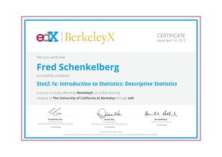 BerkeleyX                                                                                                      CERTIFICATE
                                                                                                                                               Issued April 1st, 2013




This is to certify that


Fred Schenkelberg
successfully completed

Stat2.1x: Introduction to Statistics: Descriptive Statistics
a course of study offered by BerkeleyX, an online learning
initiative of The University of California At Berkeley through edX.




             Armando Fox                                                        Diana Wu                                                    Ani Adhikari
             Academic Director,                                               Executive Director,                                       Senior Lecturer in Statistics
Berkeley Resource Center for Online Education                    Berkeley Resource Center for Online Education
                                                                                                                                               UC Berkeley
                UC Berkeley                                                      UC Berkeley

                                                                               HONOR CODE CERTIFICATE
                                *Authenticity of this certificate can be verified at https://verify.edx.org/cert/491a66d6f5594568bbe634e1bfb80103
 