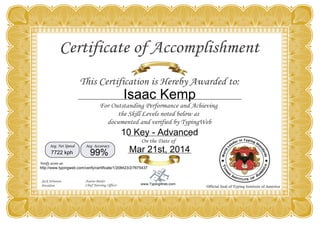 Isaac Kemp 
10 Key - Advanced 
7722 kph 99% Mar 21st, 2014 
http://www.typingweb.com/verify/certificate/1/208423/2/7675437 
