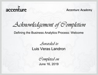 Defining the Business Analytics Process: Welcome
June 16, 2019
Luis Veras Landron
 