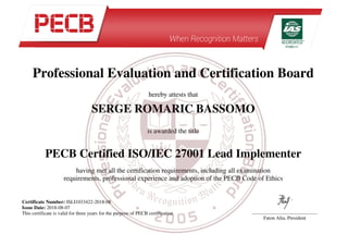 PECB CERTIFIED ISO/IEC 27001 LEAD IMPLEMENTER