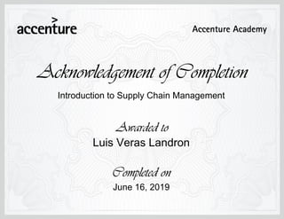 Introduction to Supply Chain Management
June 16, 2019
Luis Veras Landron
 