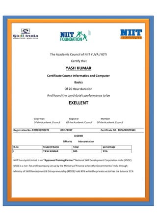 The Academic Council of NIIT YUVA JYOTI
Certify that
YASH KUMAR
Certificate Course Informatics and Computer
Basics
Of 20 Hour duration
And found the candidate’s performance to be
EXELLENT
Chairman Registrar Member
Of the Academic Council Of the Academic Council Of the Academic Council
Registration No.:R20f205700229 R02-F2057 Certificate N0.: 20CAF20570343
LEGEND
%Marks Interpretation
R.no Student Name Total percentage
I YASH KUMAR 900 93%
NIITYuva JyotiLimited is an “ApprovedTraining Partner” National Skill Development Corporation India (NSDC).
NSDC is a not -for profit company set up by the Ministry of Finance wherethe Governmentof India through
Ministry of Skill Development & Entrepreneurship (MSDE) hold 49% while the private sector has the balance 51%
 