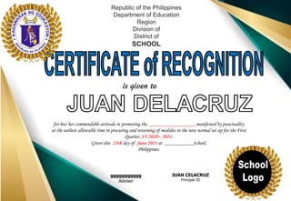 is given to
Republic of the Philippines
Department of Education
Region
Division of
District of
SCHOOL
ggggggggggg
Adviser
...