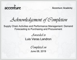 Supply Chain Activities and Performance Management: Demand
Forecasting to Purchasing and Procurement
June 08, 2019
Luis Veras Landron
 