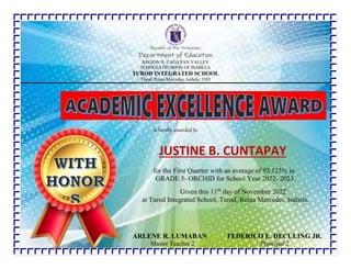 Republic of the Philippines
Department of Education
REGION II- CAGAYAN VALLEY
SCHOOLS DIVISION OF ISABELA
TUROD INTEGRATED SCHOOL
Turod, Reina Mercedes, Isabela, 3303
is hereby awarded to
JUSTINE B. CUNTAPAY
for the First Quarter with an average of 93.125% in
GRADE 5- ORCHID for School Year 2022- 2023.
Given this 11th
day of November 2022
at Turod Integrated School, Turod, Reina Mercedes, Isabela.
ARLENE R. LUMABAN FEDERICO E. DECULING JR.
Master Teacher 2 Principal 2
 