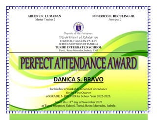 .
ARLENE R. LUMABAN FEDERICO E. DECULING JR.
Master Teacher 2 Principal 2
Republic of the Philippines
Department of Education
REGION II- CAGAYAN VALLEY
SCHOOLS DIVISION OF ISABELA
TUROD INTEGRATED SCHOOL
Turod, Reina Mercedes, Isabela, 3303
is hereby awarded to
DANICA S. BRAVO
for his/her remarkable record of attendance
for the First Quarter
of GRADE 5- ORCHID for School Year 2022-2023.
Given this 11th
day of November 2022
at Turod Integrated School, Turod, Reina Mercedes, Isabela
 
