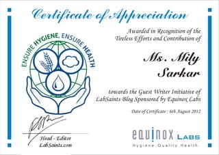 Certificate of Appreciation - Labsaints - Mili Sarkar