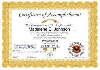 Madalene E. Johnson 
Professional 
51 wpm 98% Oct 8th, 2014 
http://www.typingweb.com/verify/certificate/1/259183/2/9644756 
