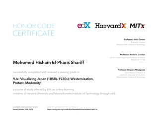 Professor John Dower 
Professor Emeritus 
Massachusetts Institute of Technology 
Professor Andrew Gordon 
Lee and Juliet Folger Fund Professor of History 
Harvard University 
Professor Shigeru Miyagawa 
Kochi-Manjiro Professor of 
Japanese Language and Culture, 
Massachusetts Institute of Technology 
HONOR CODE 
CERTIFICATE 
Mohomed Hisham El-Pharis Shariff 
successfully completed and received a passing grade in 
VJx: Visualizing Japan (1850s-1930s): Westernization, 
Protest, Modernity 
a course of study offered by VJx, an online learning 
initiative of Harvard University and Massachusetts Institute of Technology through edX. 
HONOR CODE CERTIFICATE Verify the authenticity of this certificate at 
Issued October 27th, 2014 https://verify.edx.org/cert/8c45a3abe04042d3ae5efdeb67de917a 
