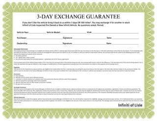 Certificate for 3 day pre owned exchange from Infiniti of Lisle