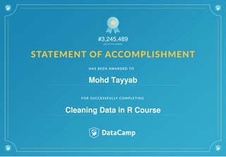 #3,245,489
Mohd Tayyab
Cleaning Data in R Course
 