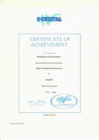 Certificate basic food hygiene