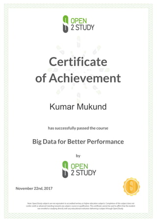 Certificate
of Achievement
Kumar Mukund
has successfully passed the course
Big Data for Better Performance
by
November 22nd, 2017
 