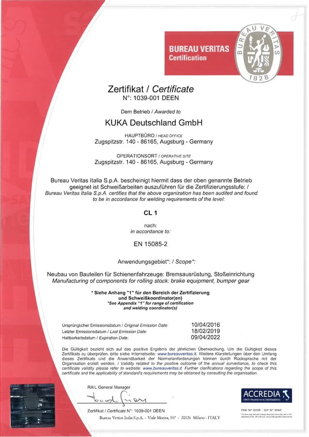 Certificate BV DIN EN 15085-2 Level CL1_de | PDF