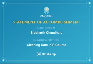 #4,912,984
Siddharth Chaudhary
Cleaning Data in R Course
 