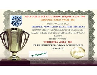 Christo Ananth, Joseph Henry Award - 2018, Kings College Of Engineering, Thanjavur – 613303, India, 28th March 2018.