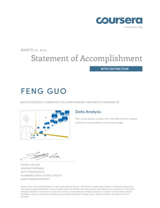 coursera.org

MARCH 22, 2013

Statement of Accomplishment
WITH DISTINCTION

FENG GUO
HAS SUCCESSFULLY COMPLETED THE JOHNS HOPKINS UNIVERSITY'S OFFERING OF

Data Analysis
This course teaches students the most effective data analysis
methods to solve problems and achieve insight.

JEFFREY LEEK, PHD
ASSISTANT PROFESSOR
DEPT OF BIOSTATISTICS
BLOOMBERG SCHOOL OF PUBLIC HEALTH
JOHNS HOPKINS UNIVERSITY
PLEASE NOTE: THE ONLINE OFFERING OF THIS CLASS DOES NOT REFLECT THE ENTIRE CURRICULUM OFFERED TO STUDENTS ENROLLED AT
THE JOHNS HOPKINS UNIVERSITY. THIS STATEMENT DOES NOT AFFIRM THAT THIS STUDENT WAS ENROLLED AS A STUDENT AT THE JOHNS
HOPKINS UNIVERSITY IN ANY WAY. IT DOES NOT CONFER A JOHNS HOPKINS UNIVERSITY GRADE; IT DOES NOT CONFER JOHNS HOPKINS
UNIVERSITY CREDIT; IT DOES NOT CONFER A JOHNS HOPKINS UNIVERSITY DEGREE; AND IT DOES NOT VERIFY THE IDENTITY OF THE
STUDENT.

 
