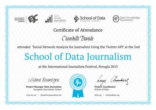 School of Data Journalism
Certificate of Attendance
at the International Journalism Festival, Perugia 2013
attended ‘Social Network Analysis for Journalists Using the Twitter API’ at the 2nd
Project Coordinator
School of Data
Project Manager Data Journalism
European Journalism Centre
www.ejc.net | datadrivenjournalism.net okfn.org | schoolofdata.org
Ciambelli Davide
IN
TERNATION
AL JOURNAL
ISMFESTIV
AL
2013
 