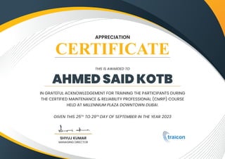 Certificate for Appreciation for Conducting the CMRP Course - Ahmed Said Kotb